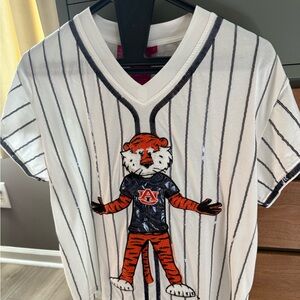 QUEEN OF SPARKLES White and Navy Striped Tee with Tiger Design